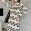 Женское трикотажное платье в черно-белую полоску: Гонконгский и корейский стиль, облегающий крой, нежный темперамент, длинная юбка осень/зима