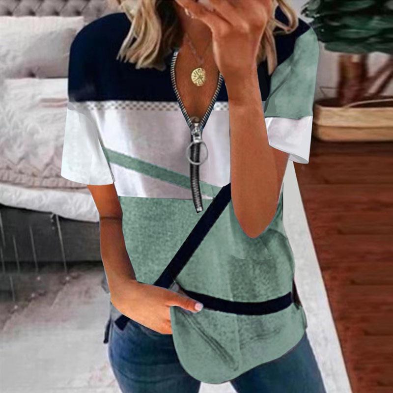 Женская летняя повседневная свободная футболка с коротким рукавом и V-образным вырезом на молнии с принтом