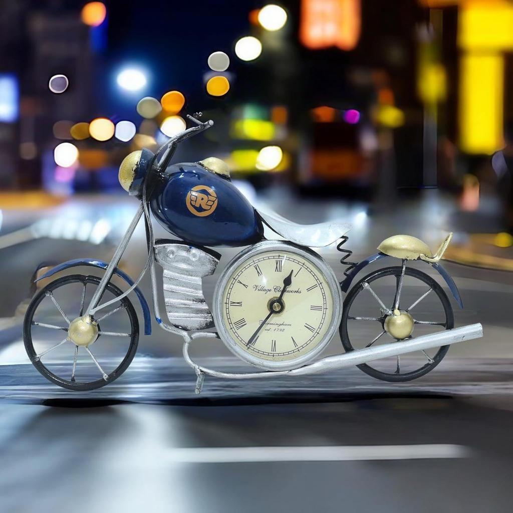 Винтажный мотоцикл Royal Bullet с антикварными часами | Декор из железа и металла в деревенском стиле, экспонат для учебного стола, письменного стола, офиса, подарков (синий)