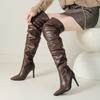 Заостренные плиссированные высокие сапоги осенне-зимние на тонком каблуке, супервысоком каблуке, сапоги-чулки выше колена, сапоги-рыцари