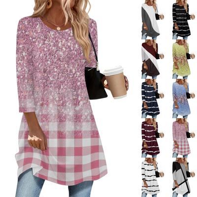 Женская мода повседневный топ с рукавом три четверти, длинный, с геометрическим принтом в полоску, круглым вырезом