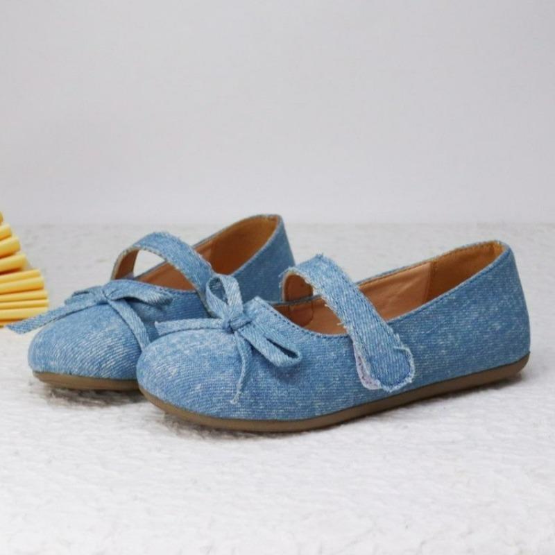 Туфли из кожи для девочек на вечеринку, свадьбу, детские туфли принцессы из джинсовой ткани с круглым носком, детские туфли принцессы с бантом