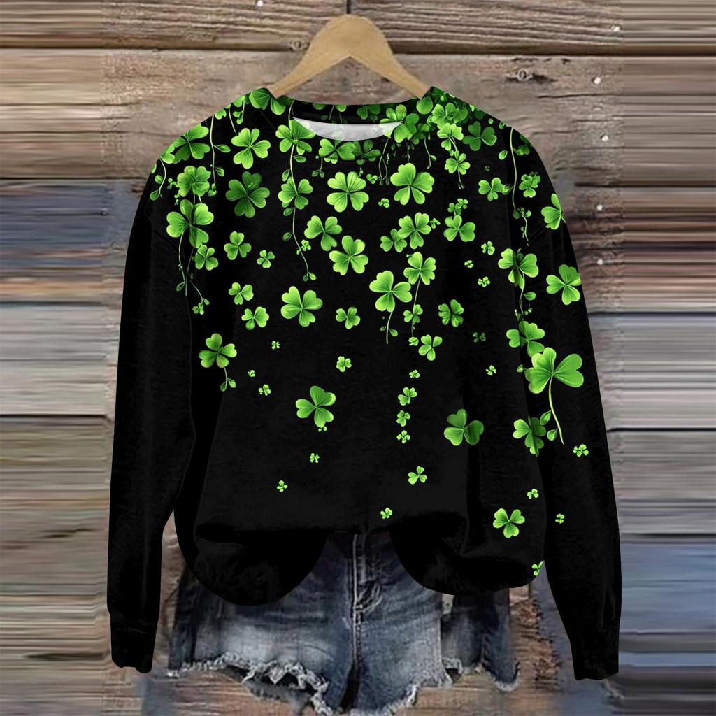 Women's Fashion St Patricks Day Printed Long Sleeve Loose Round Neck Sweatshirt Top Fall
