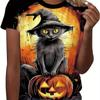 2024 Хэллоуин новые женские футболки с принтом «Ведьма, кошка и тыква» на 3D-принте на лето с короткими рукавами из микроэластичной ткани, модные женские футболки