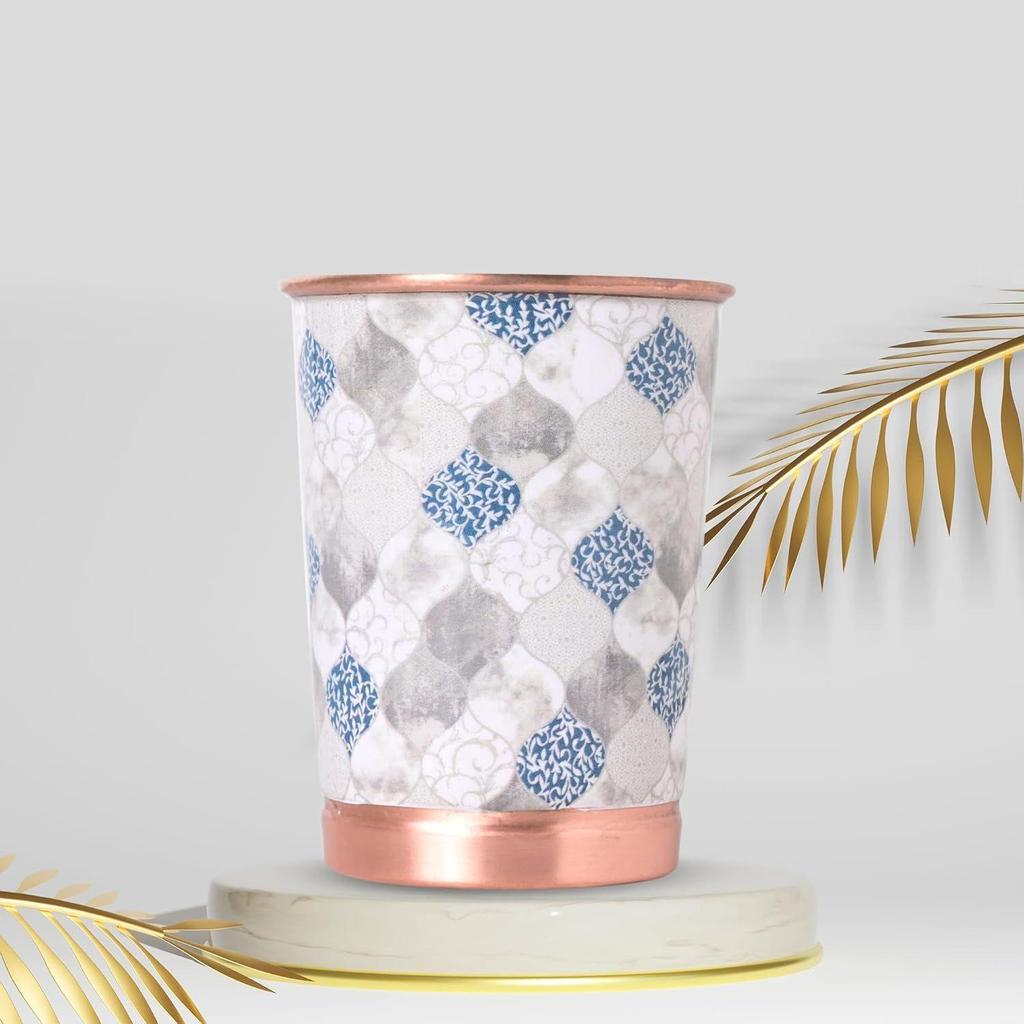 Copper Printed Design 250ML Water Glass with Rust Proof Protection for Home and Office Use Ayurveda and Yoga Health Benefits Glass Set of 6
