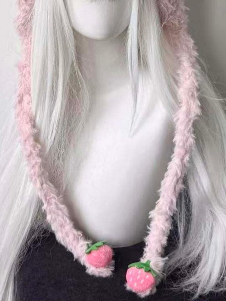 Y2K Aesthetic Lace Patchwork Knitted Fairy Hat Cute Strawberry Winter Cap Harajuku Kawaii Grunge Women Hats