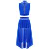 Girls Dance Outfit Sparkly Crop Top Keyhole Back Plus Irregular Hem Mesh Skirt Side Slit Performance Set