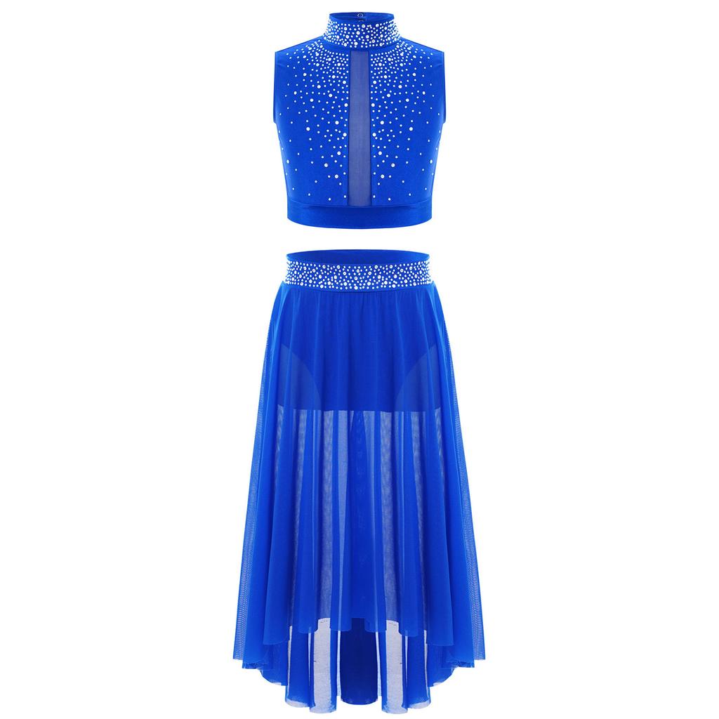 Girls Dance Outfit Sparkly Crop Top Keyhole Back Plus Irregular Hem Mesh Skirt Side Slit Performance Set