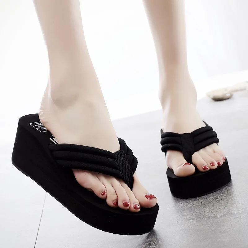 2024 High-heeled Shoes Lady House Slippers Platform Slides Low On A Wedge Rubber Flip Flops Summer Sand New Woman's Candy Colors