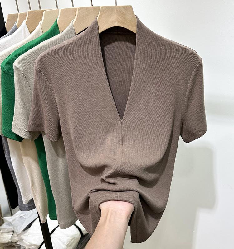 Модная футболка с V-образным вырезом, с короткими рукавами, женская летняя новинка, облегающий топ с рукавами до локтя