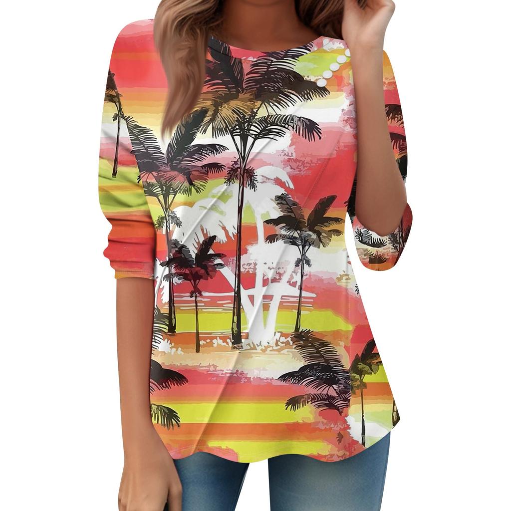 Women's Loose Casual Long Sleeve Top Round Neck Button Pull Stripe Prints T Shirt