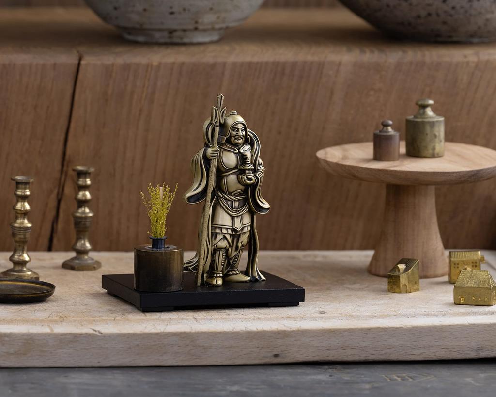 One of the Seven Lucky Gods, Bishamonten, Silky Gold. Sculptor: Makita Shuun. Original: Antique Gold. Buddhist Statue. Takaoka Copperware