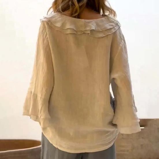 Women Shirt V-Neck 45355 Flying Sleeve Ruffle Stitching Design Solid Color Pullover Tops Loose Fit Casual