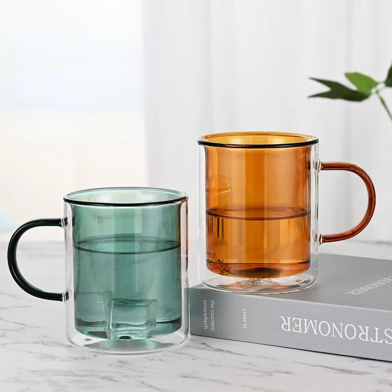 Colored Glass Coffee Mug Double-layer Mugs Coffee Cups Thermal Insulation Drinkware Cup Glassware Kitchen Dining Bar Home Garden