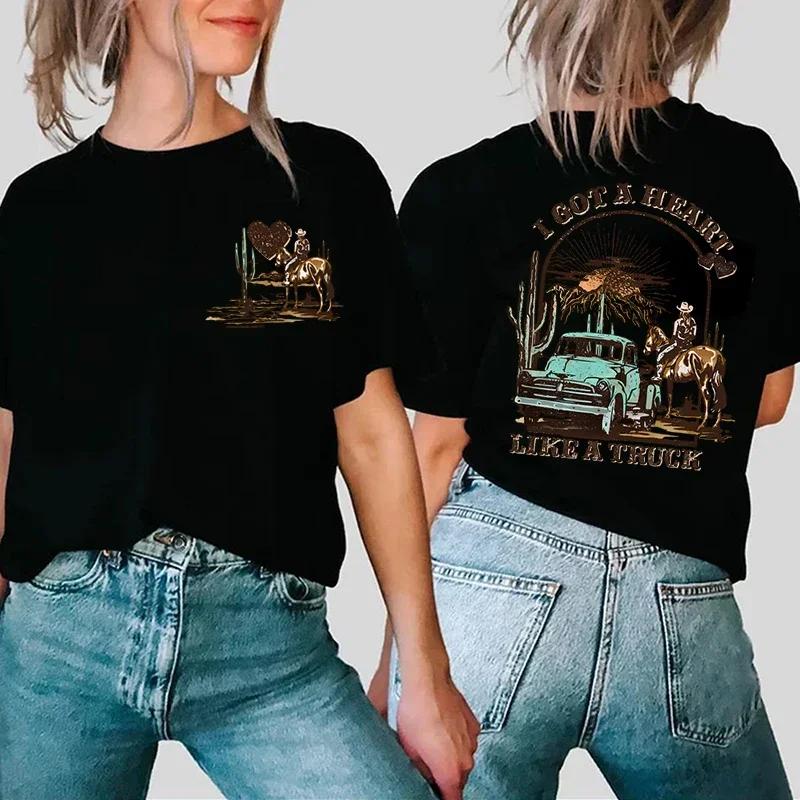 Women Tshirts I Got A Heart Like A Truck Front and Back Shirt Cowboy Tshirts Western Rodeo Desert T Shirts for Women Clothing