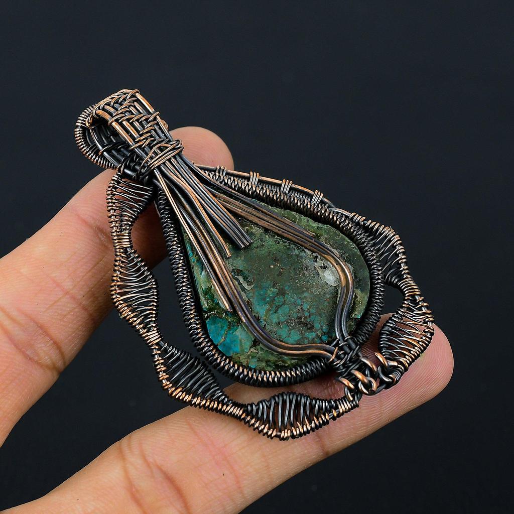 Tibetan Turquoise Gemstone Copper Wire Wrap Handmade Pendant Jewelry Gift For Her