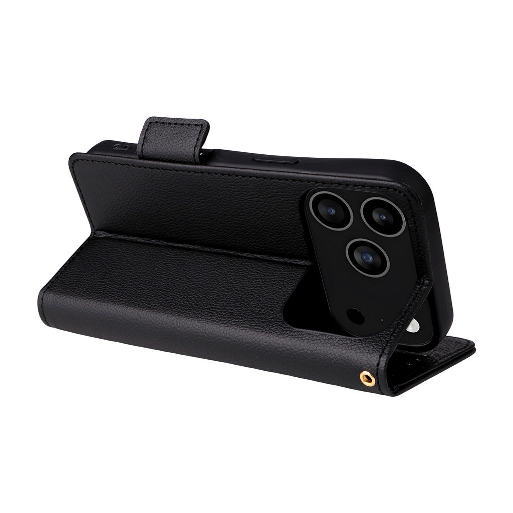 For iPhone 17 Pro Max Case with Wrist Strap Litchi Texture PU Leather Wallet Phone Cover