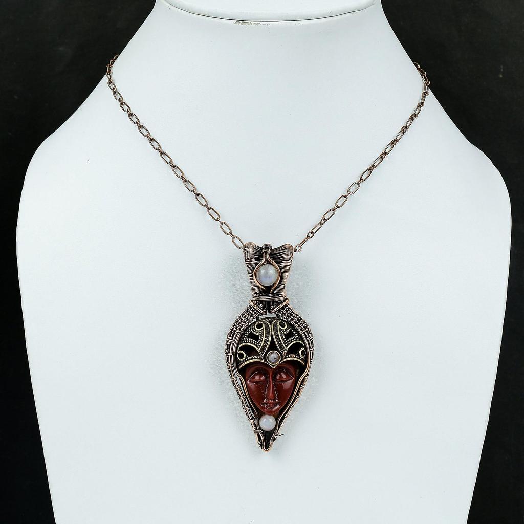 Красный резной костяной кулон с медным лицом, обернутый проволокой, кулон из меди ручной работы, подвески из радужного лунного камня, изящные драгоценные камни для подарка