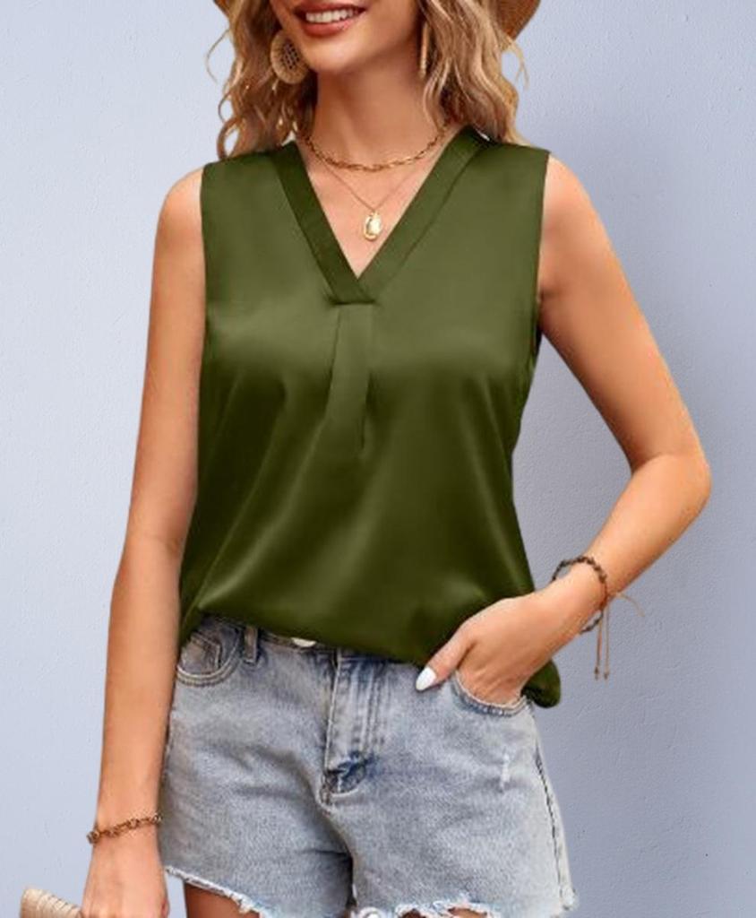 SHEIN Women's Imitation Silk V-Neck Sleeveless Satin Shirt - Spring/Autumn Style