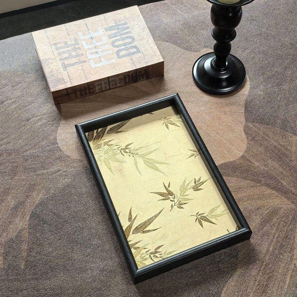 Chinese Style Bamboo Shadow Embroidered Tray Wooden Rectangular Storage Tray Vanity