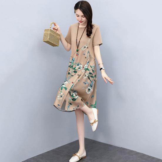 Женское летнее платье с цветочным принтом в стиле пэчворк с круглым вырезом и короткими рукавами трапециевидной формы в стиле ретро до середины икры, декор на пуговицах, женское повседневное платье миди для свиданий