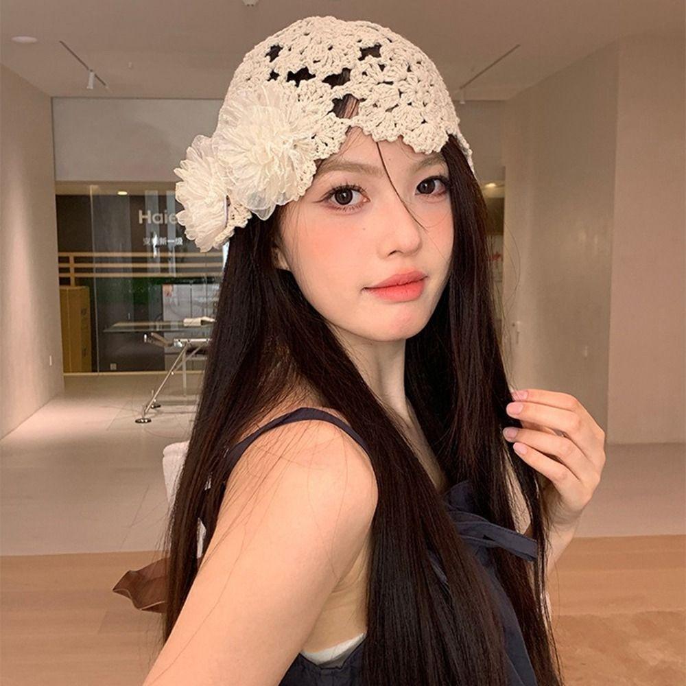 Warm Warm Beanies Hat Hollow Out Knit Cap Crochet Hollow Flower Knitted Hat Apparel Accessories