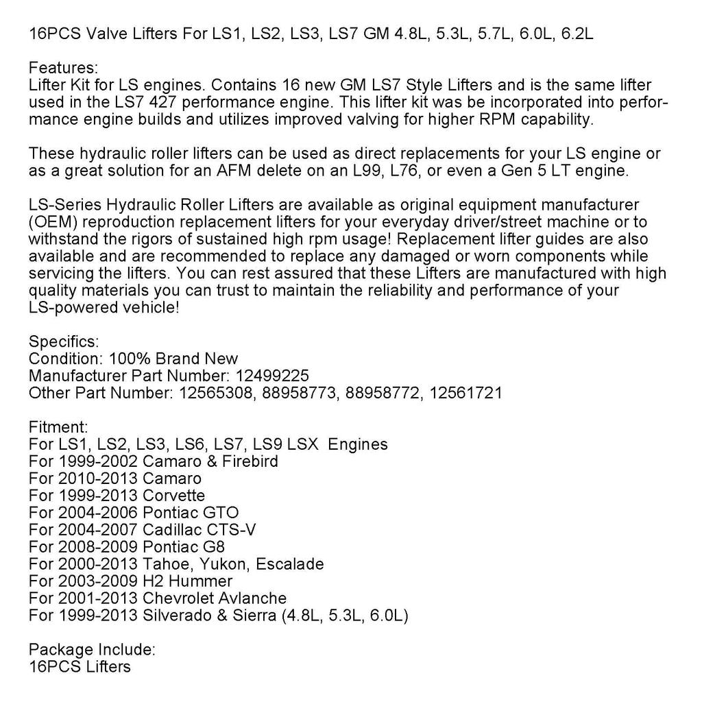 Комплект гидравлических роликовых толкателей 16 шт. для Chevy 5.3 5.7 6.0 LS1 LS2 LS3 SBC LS7