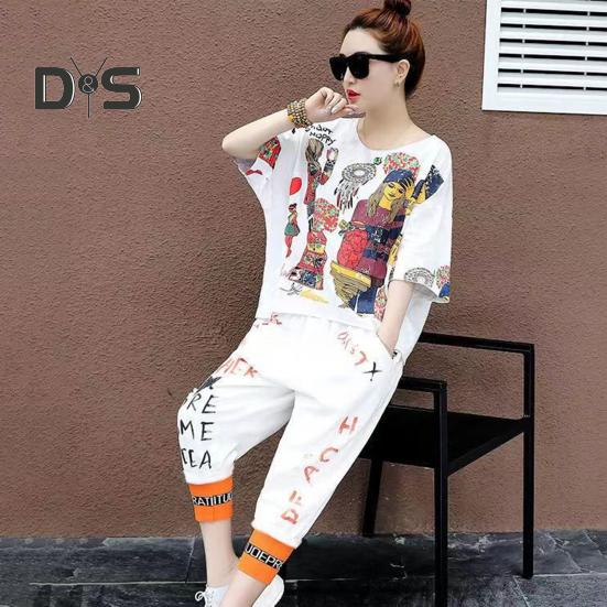 Женская футболка, комплект из 2 шт./компл., комплект брюк в стиле хип-хоп с принтом и V-образным вырезом, топ с короткими рукавами, укороченные брюки с ремешками на щиколотке, уличная одежда, дорожная повседневная одежда