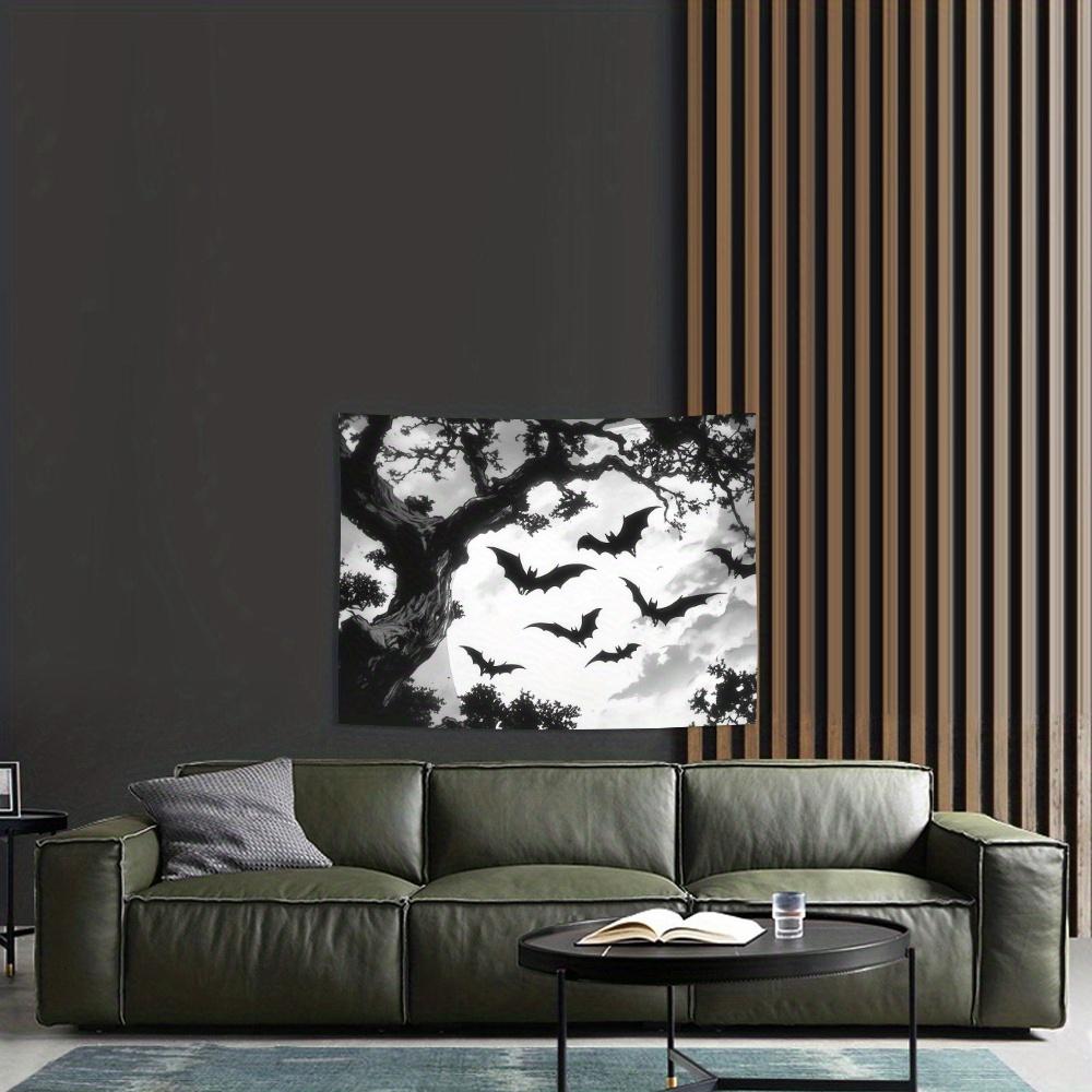 Gothic Bat Tapestry, Flying Bats under Old Tree in Moonlight, Halloween Theme Wall Hanging for Bedroom Living Room Decor