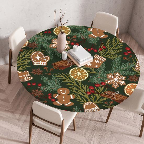 Fitted Christmas Round Tablecloth Holiday Snowflakes Table Cover with Elastic Edge Water-Resistant Christmas Tree Table Cover for Round Tables Dinner