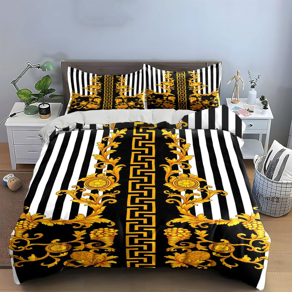 Golden vines and stripes. Bedding sets Duvet cover sets Duvet covers Pillowcases(1 * Duvet Cover 2 * Pillowcases, without duvet insert)