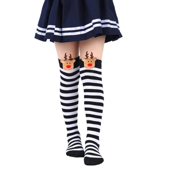 Детские рождественские носки, плюшевые полосатые гольфы до колена с оленями, носки выше колена, праздничная одежда для мальчиков и девочек