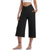 Women  Elastic High Waist 3/4 Pant Casual Active  Fit Wide Capris Leg Pants Trousers With Pockets