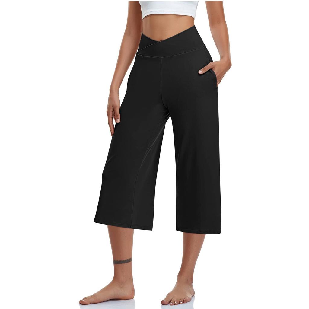 Women  Elastic High Waist 3/4 Pant Casual Active  Fit Wide Capris Leg Pants Trousers With Pockets