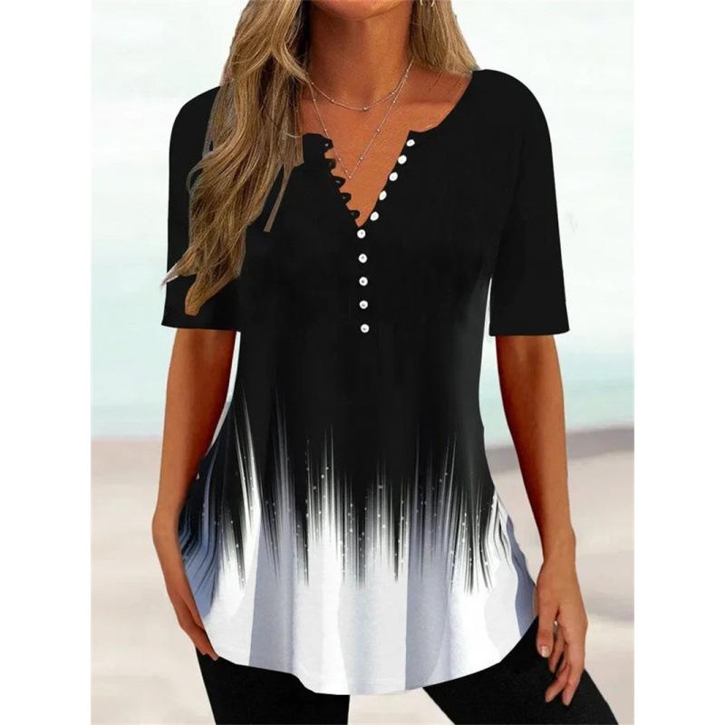 Trendy And Cool Women's Summer Loose V-neck Pullover Short-sleeved Button Printed T-shirt