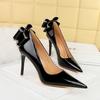Women's Banquet High Heels Slim Heels Shallow Mouth Pointed Patent Leather Back Bow Single Shoes