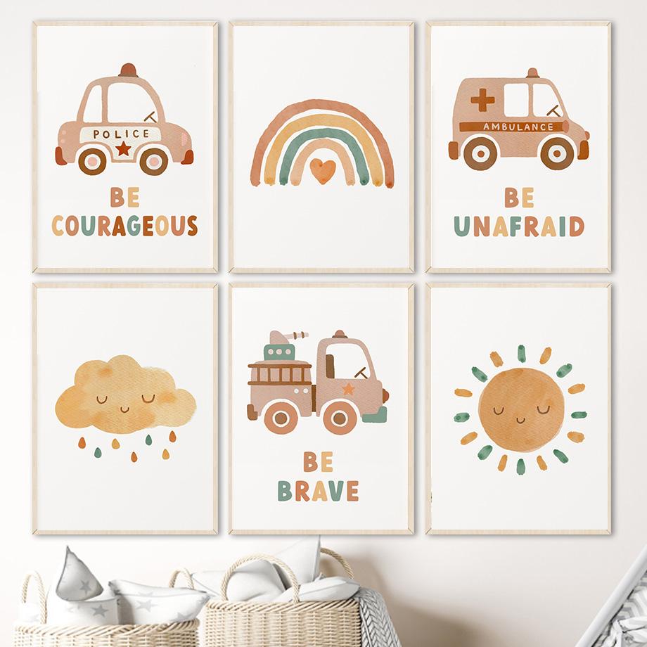 Радуга Облако Алфавит Цифра Пожарная Машина Машина Скорой Помощи Плакаты И Принты Холст Картины Настенные Картины Декор Детской Комнаты