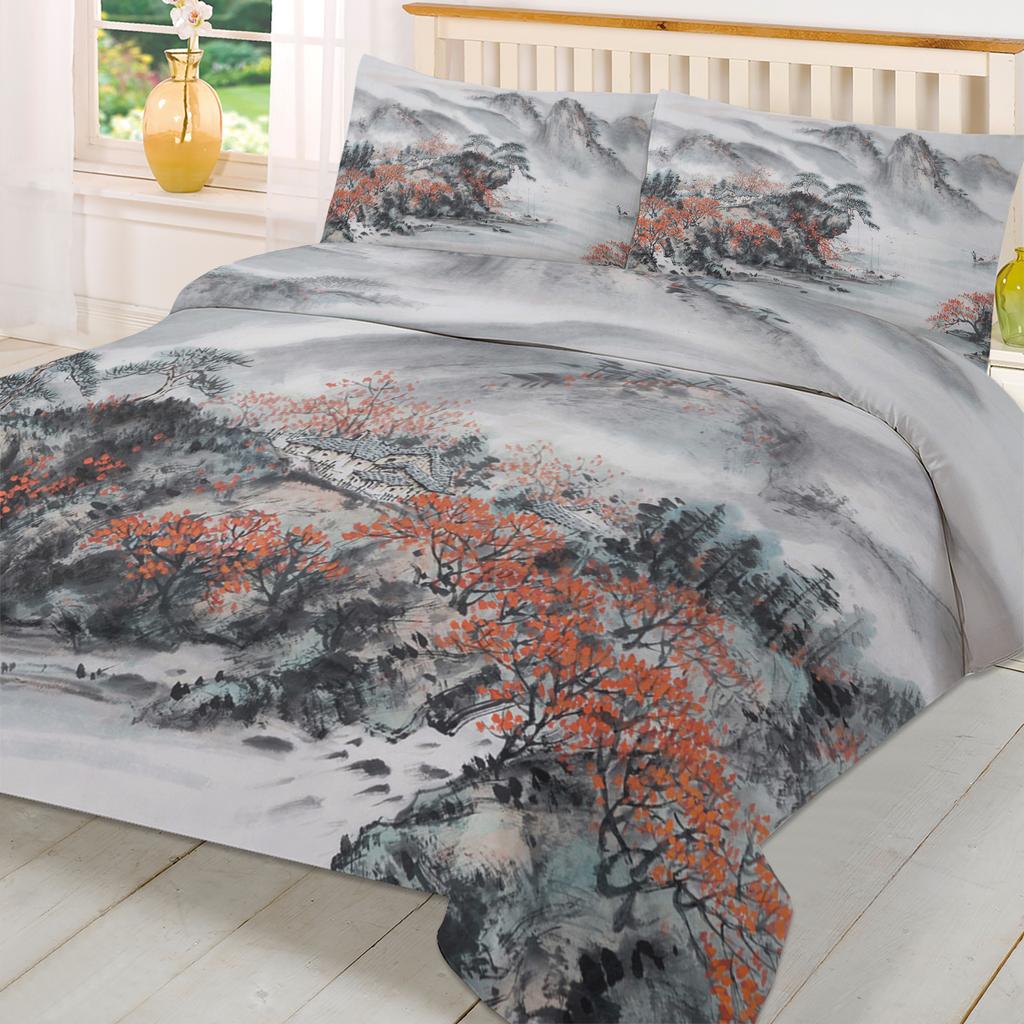 Пододеяльник в стиле китайской живописи тушью с наволочкой, на заказ, комплект постельного белья из 3 предметов, пододеяльник, двуспальная кровать, домашний текстиль