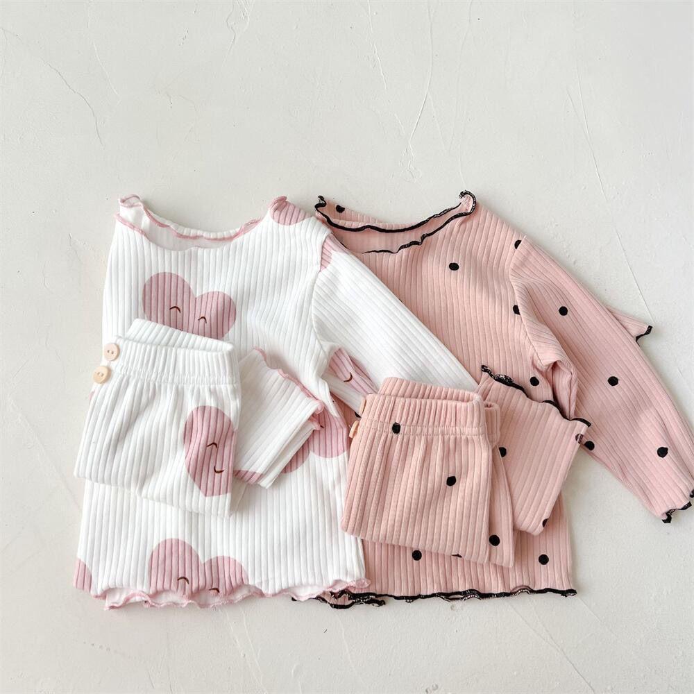 Polka Dot Korean Style Pajamas - Spring & Autumn Girls' Two-Piece Home Suit for Kids