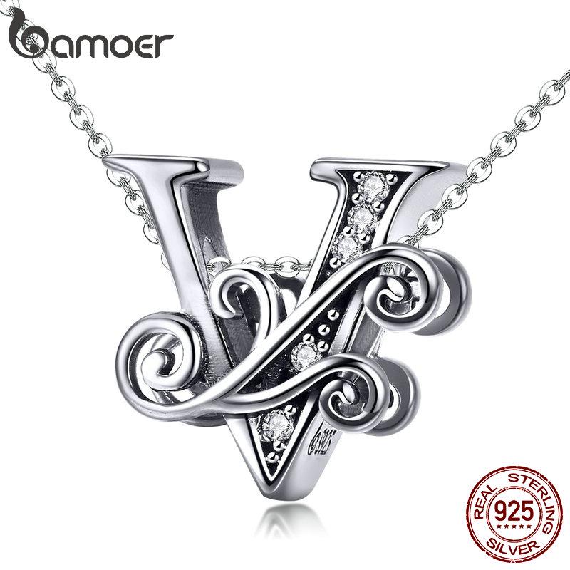 BAMOER Genuine 925 Sterling Silver Letter V Alphabet Beads Charms Fit Charm Bracelets & Bangles DIY