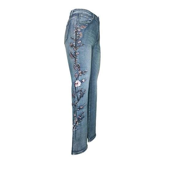 Yousheng Women's Flared Jeans Floral Embroidered High Waisted Bell Bottom Jeans Micro Elastic Slim Denim Pants with Pockets