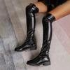Chunky Heels Over Knee Boots For Women Thigh High Flat Boots Ladies Solid Color Shiny Leather Large Boots Black Slim Shoes