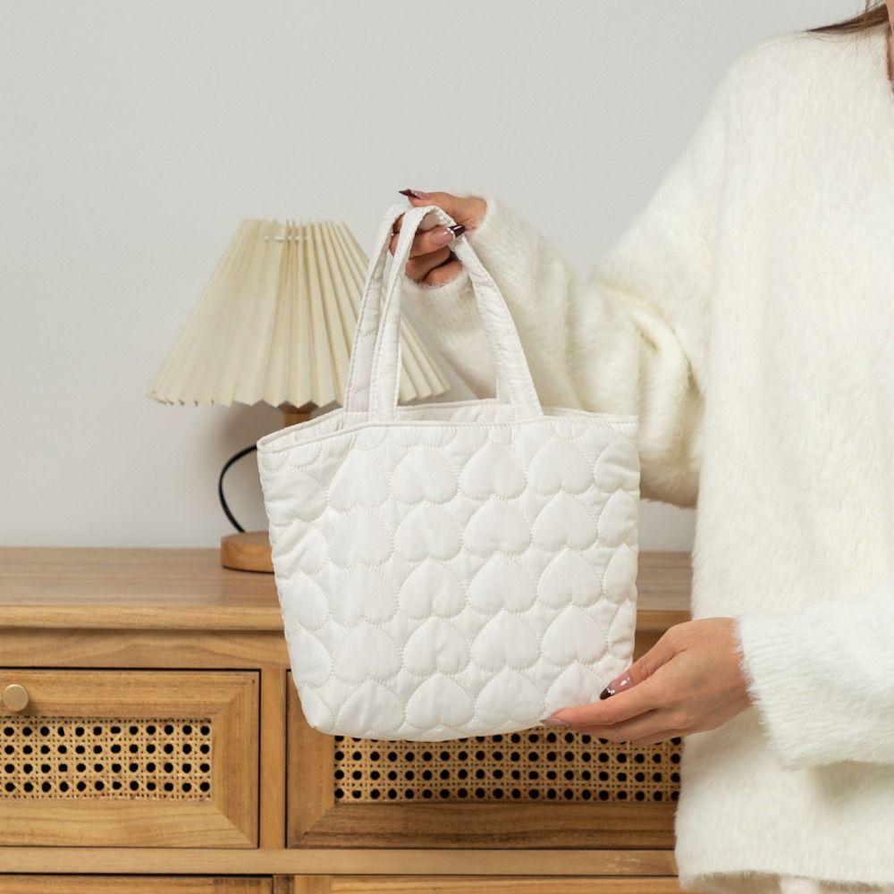 Solid Color Quilted Love Handbag Korean Lovely Lunch Bag Japanese Puffer Tote Bag  Travel