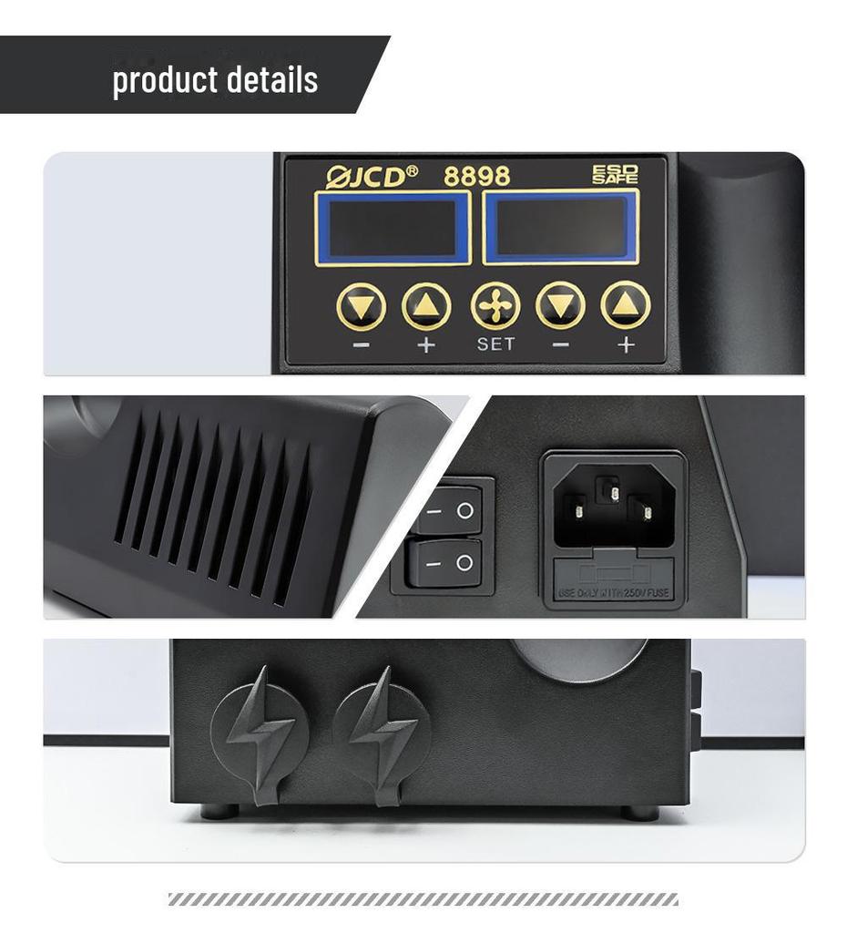 JCD 8898 Двухэкранная высокомощная станция для термофена и паяльника, настенное исполнение с постоянным контролем температуры.