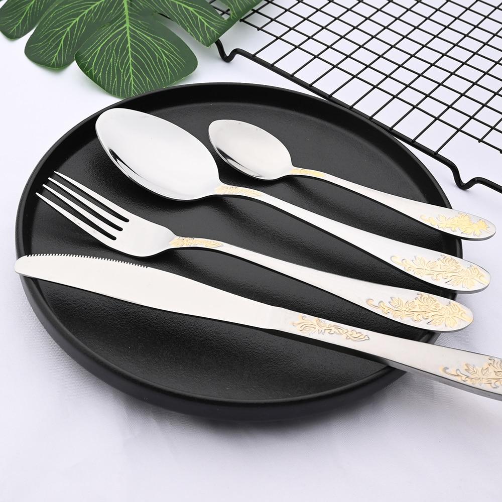 16 шт. позолоченная посуда, набор столовых приборов, роскошный набор столовых приборов, нож из нержавеющей стали, вилка, ложка, королевский западный набор столовых приборов, набор столовых приборов