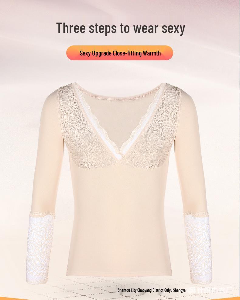 Топ в корейском стиле облегающего кроя с V-образным вырезом, на флисовой подкладке, тепловой, кружевной для женщин
