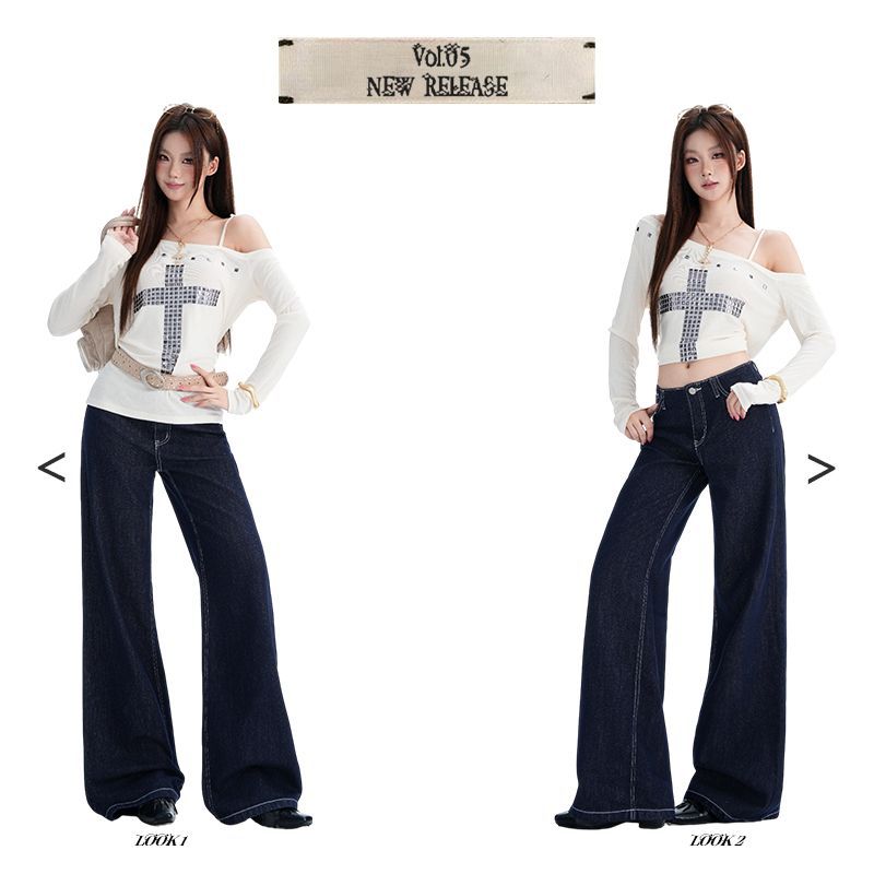 Low waist deconstruction design sense slightly pull jeans women's autumn and winter new thin high-end women's mopping pants autumn