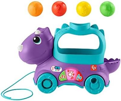 Игрушка-каталка Fisher-Price «Динозавр с шариками», Французская версия, Интерактивный ходунок-развивашка со светом и музыкой для детей от 1 до 3 лет