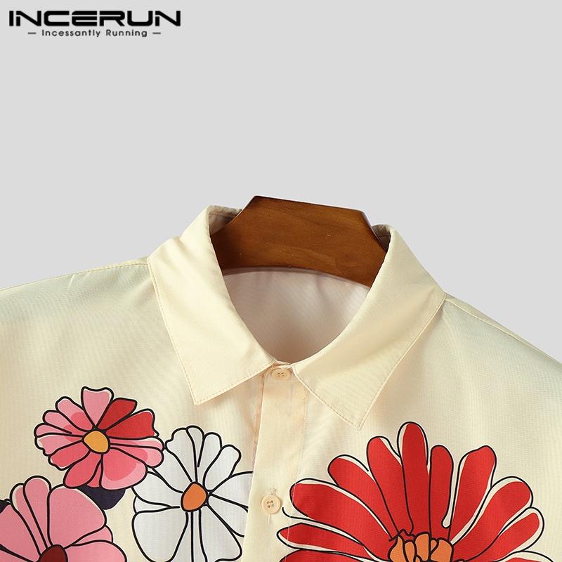 INCERUN Большие мужские рубашки с отложным воротником, повседневные, рукава 3/4, пуговицы, цветочный принт, праздничные рубашки, топы