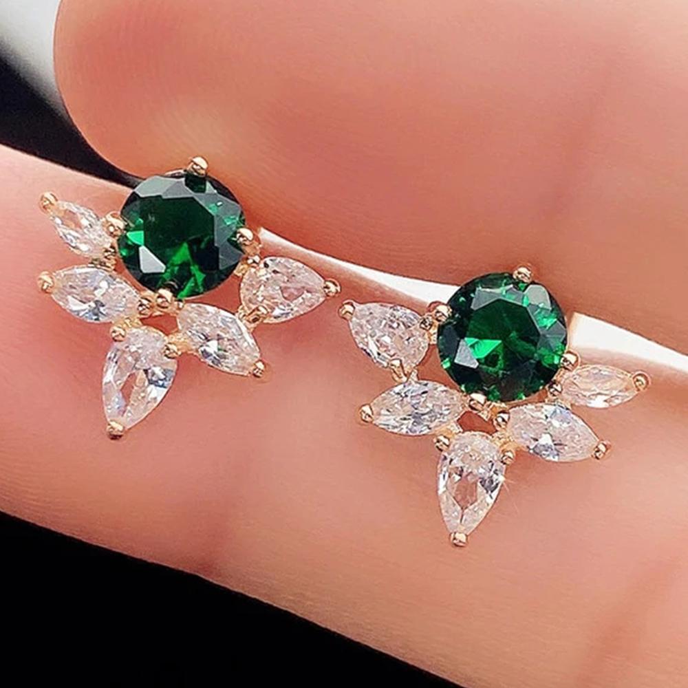 Huitan Leaf Shaped Green Cubic Zirconia Earrings Ear Stud Piercing New Fashion Modern Women Earrings Delicate Accessory JewelryGood product